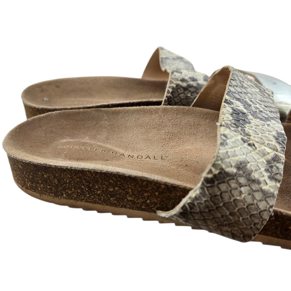 Loeffler Randal Sandals Womens 9 Slip On Cork Cream Snake Print Silver Leather - Picture 2 of 13